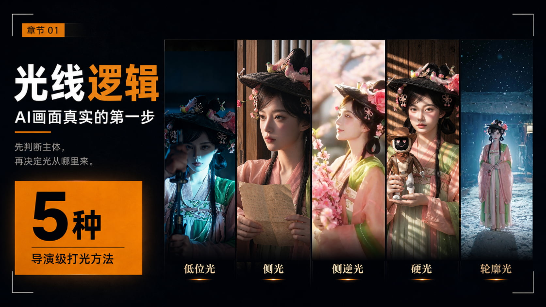 32bbb4d5j00tli5ak00sid000v900hlp AI提示词创作第六十四节:如何用光线提升AI视频质感?AI画面想要真实,先学会这5种打光