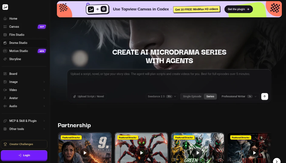Topview Drama Studio：提供从剧本规划、分镜设计到视频生成的全流程AI创作工具，支持小说、剧本一键转化短剧