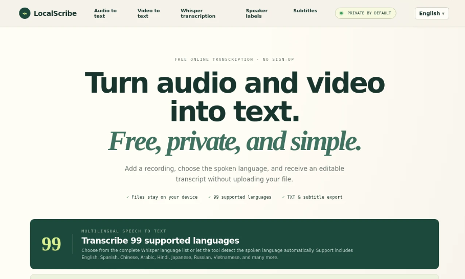 LocalScribe: a free online voice-triping tool in 99 languages to efficiently convert audio and video files into text