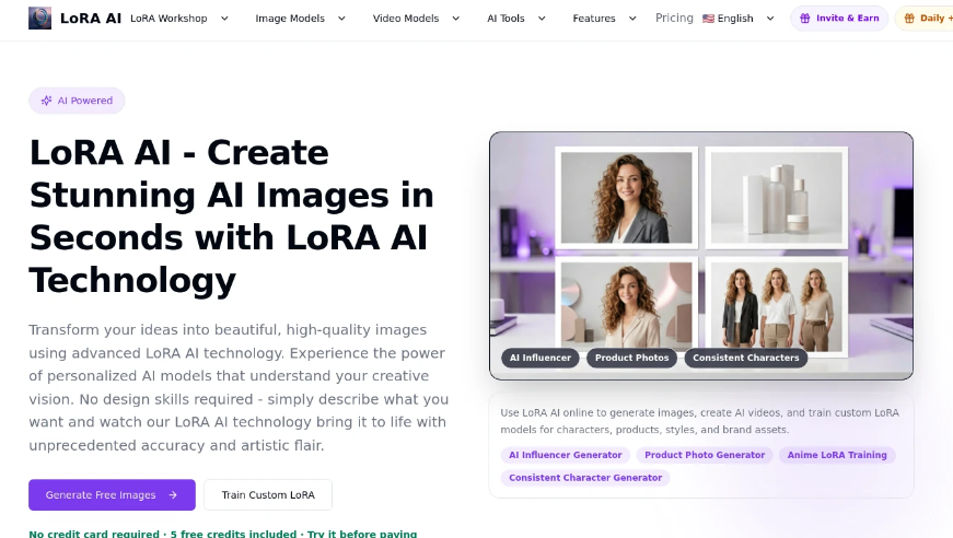 LoRA AI: AI Image and Video Generation and Modelling Training Platform, providing image generation, video creation and custom model training functionality