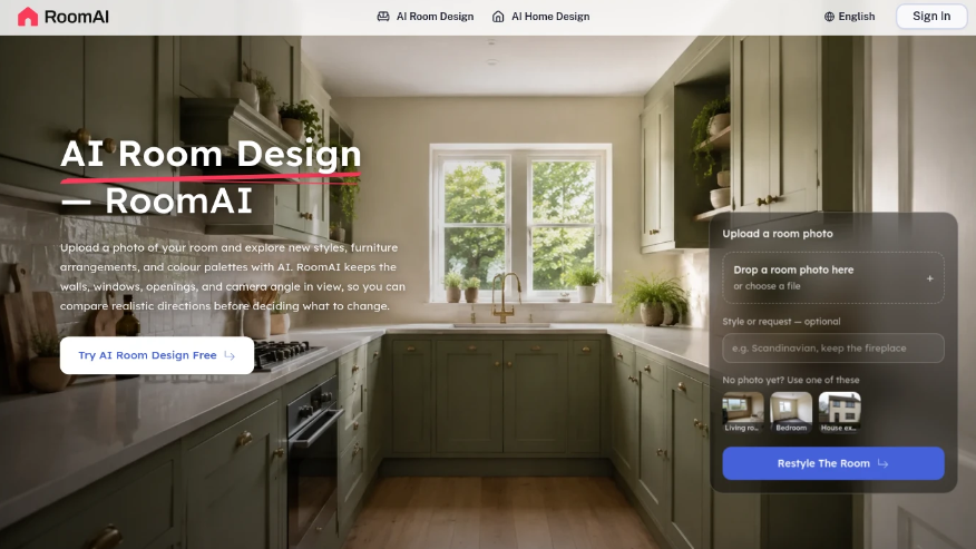 ROOMAI: AI interior design and virtual set-up tool to quickly generate design options for indoor photographs