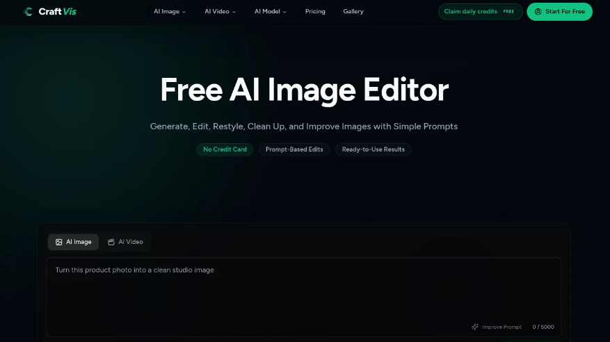 CraftVis：在线AI图像编辑器，上传图片修改背景替换、风格变换、局部修复和变体生成
