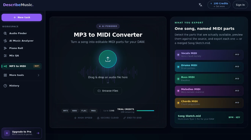 Describe Music：在线MP3转MIDI转换器，将歌曲拆分为人声、鼓、贝斯、旋律和和弦等独立轨道