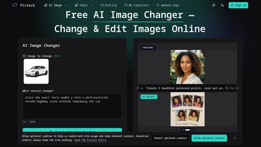PicVerb: An online smart image modification tool with free AI image editing