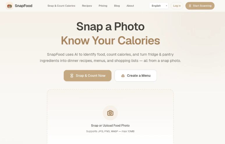 Snapfood：AI 拍照识别食物热量与营养分析工具，快速估算热量、蛋白质、碳水化合物及脂肪等营养成分
