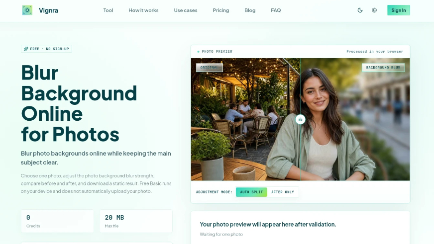 Vignra: Free online photo background fuzzy tool, images processed locally in browser