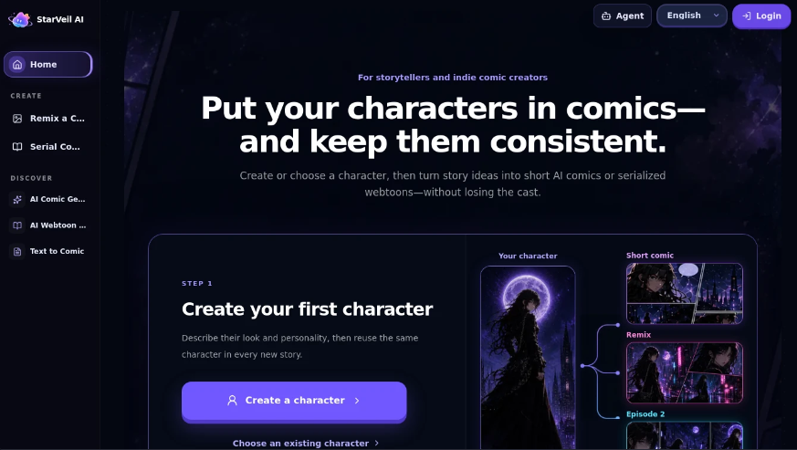 StarVeil: Ai comic character generation and serialization tool to create original characters and use for short comics and serials