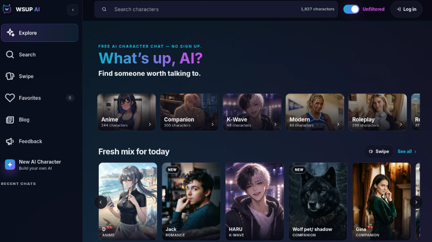 WSUP AI：无需注册的免费AI角色聊天平台，用户可与各类AI角色进行互动交流