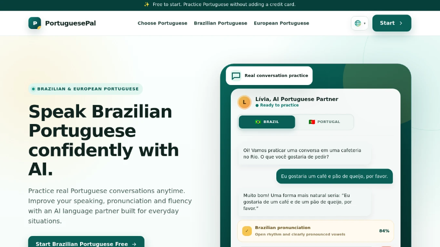 PortuguesePal：AI驱动的葡萄牙语口语练习平台，提升巴西和欧洲葡萄牙语的口语、发音及流利度