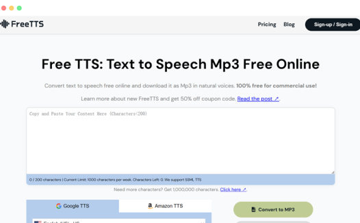 freetts: 免费在线TTS文本转语音AI配音网站