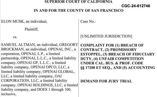 马斯克起诉 OpenAI 及其 CEO 阿尔特曼