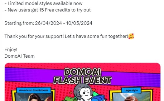 Domo AI新增乐高、美国漫画等4个风格 新用户可免费试用15个点数