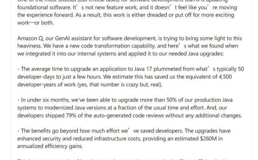 亚马逊 CEO 安迪・贾西:AI 助手 Amazon Q 可节省约 4500 个开发人员一年工作量