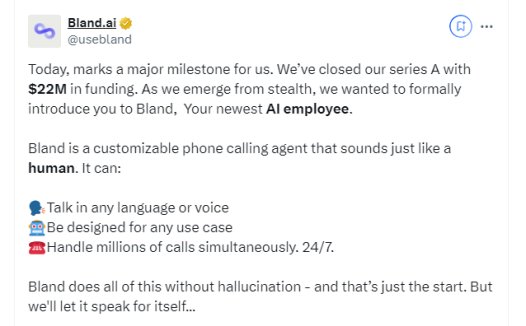 AI客服市场巨大！Bland AI 融资1600万美元 可伪装成人类做电话客服