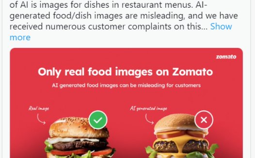 印度外卖平台Zomato明确禁止使用 AI 生成美食图片