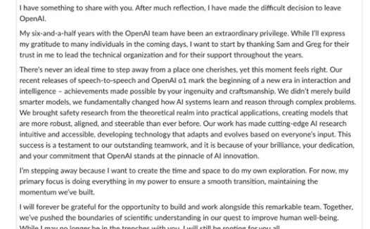 OpenAI再现高层人事变动,首席技术官Mira Murati宣布将离职