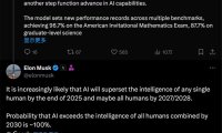 马斯克：明年底 AI 智力将超越单个人类，2027/28 年可能超越所有人类