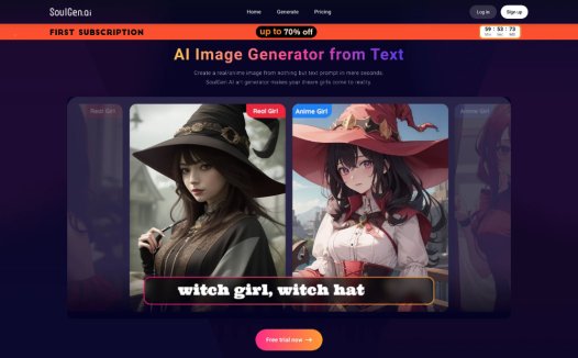 SoulGen：免费在线AI绘画和照片合成网站，根据提示生成逼真的真实/动漫女孩图像