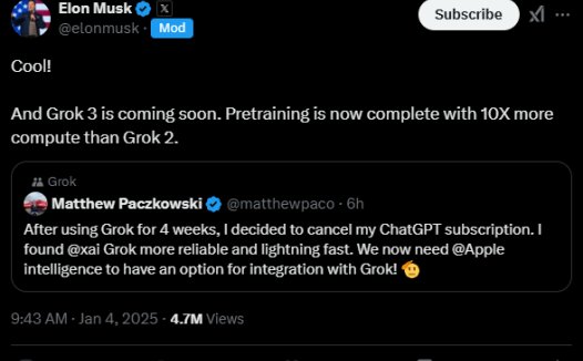 马斯克称 Grok 3 即将推出：已完成预训练，计算量比 Grok 2 高十倍
