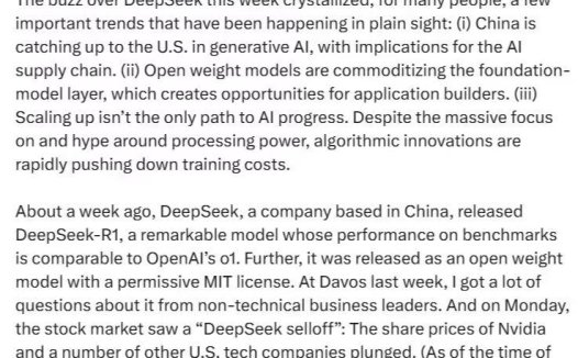 AI 科学家吴恩达长文盛赞 DeepSeek:中国正在生成式AI 领域追赶美国