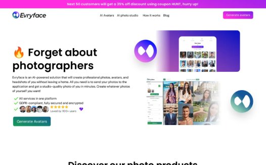 Evryface：AI照片和虚拟形象生成平台，提供各种照片生成服务，包括专业照片、头像