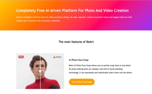 BeArt:一款免费且无水印的的在线AI换脸网站,适用于照片、视频和GIF中实现精准换脸