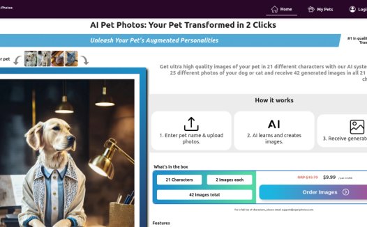 AI Pet Photos:为宠物设计的AI图像生成器,给自己的宠物生成各种不同造型的照片
