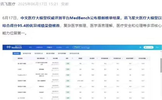 讯飞星火医疗大模型宣布登顶 MedBench 榜单,多项核心能力位居第一