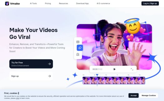 Vmake:专为谈话视频设计的AI视频编辑器,提供视频增强、水印去除、背景移除等功能