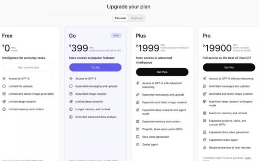 OpenAI 推出“ChatGPT Go”低价套餐:仅限特定地区,每月 399 印度卢比