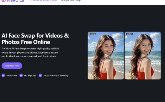 Visro AI Face Swap：在线视频和照片换脸工具，轻松实现照片和视频中的逼真换脸效果
