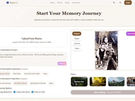 Colorfix：照片修复工具，提供AI照片修复、黑白照片上色、照片转视频服务