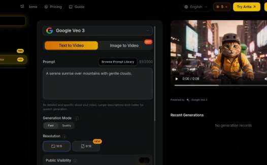 Artta AI:AI视频生成平台,支持文本转视频和图片转视频