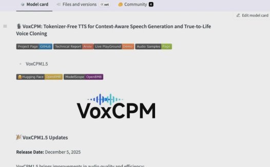 面壁智能 VoxCPM 1.5 语音生成 AI 模型开源:高采样音频克隆,生成效率翻倍