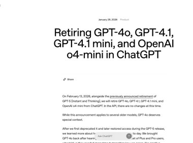 OpenAI 宣布下月退役 GPT‑4o，多款旧模型将同步下线