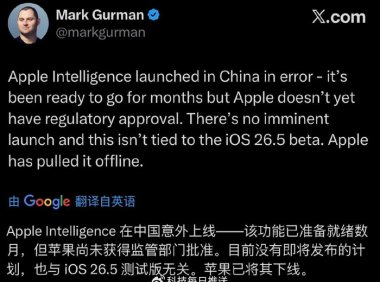 Apple Intelligence 在中国意外上线,苹果已将其下线