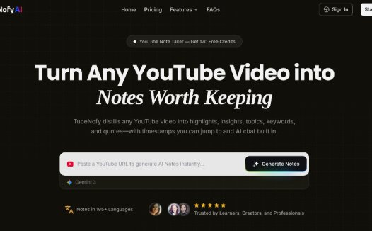 TubeNofy AI：AI视频工具，将 YouTube 视频转化为结构化笔记