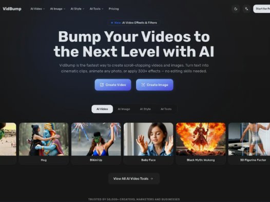 VidBump:AI视频和图像创作平台,从文本创建电影片段、动画照片、应用300多种风格并使用100多种编辑工具