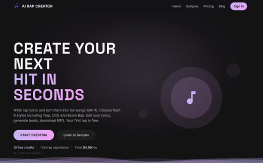 AI Rap Creator：一个使用AI快速创作说唱歌曲的网站，快速生成个性化说唱音乐