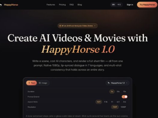 HappyHorse：智能AI视频生成平台，将文字脚本或参考图像迅速转化为高质量的AI视频