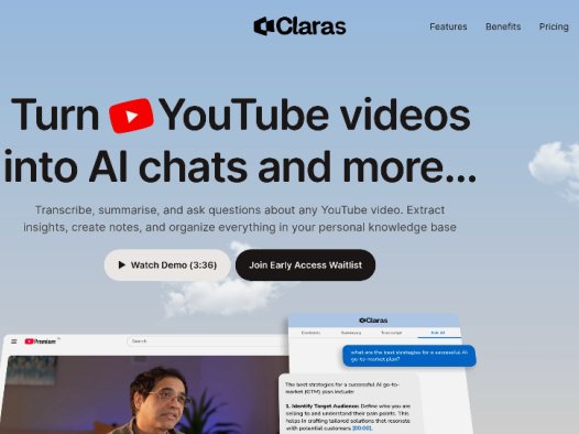 Claras：一款 YouTube 视频转录和 AI聊天工具，提供 AI 摘要、问答和笔记功能