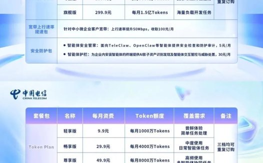 最低 1 元 40 万 Token,三大运营商推出 Token 套餐