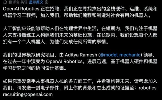 OpenAI 官宣造机器人,Robotics 部门招聘扩大