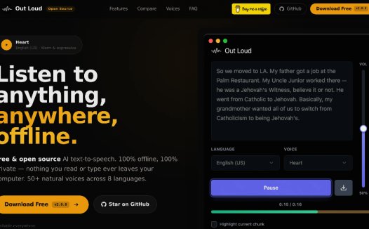 Out Loud:免费开源、离线私密的AI语音合成工具,支持50+自然语音、8种语言