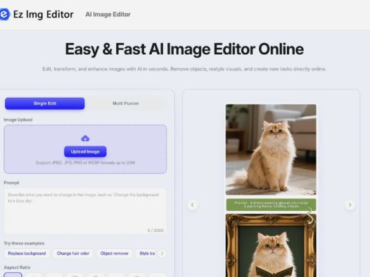 Ez Img Editor：一款免费的在线 AI图像编辑器，可移除物体、更换背景、生成专业头像