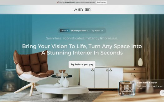 Zory AI:AI驱动的室内设计与家具智能网站,提供家具查找、草图转渲染、文字生成图像、房间重新设计等功能