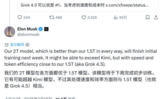 马斯克:Grok 4.6 训练进入最后阶段,2 万亿参数模型下周完成初步训练