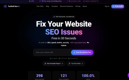 WebPulse AI:一款免费网站审计工具,提供即时 SEO、速度、移动和安全性分析。