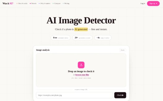 Was it AI：免费、即时、无需注册的AI图片检测，用于判断照片是否由AI生成的免费在线工具