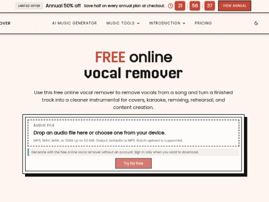 Vocal Remover：在线人声移除工具，用AI将歌曲中的人声与伴奏分离